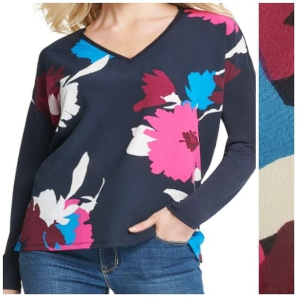 Dkny floral Print Colorblocked Top size large - Picture 1 of 7